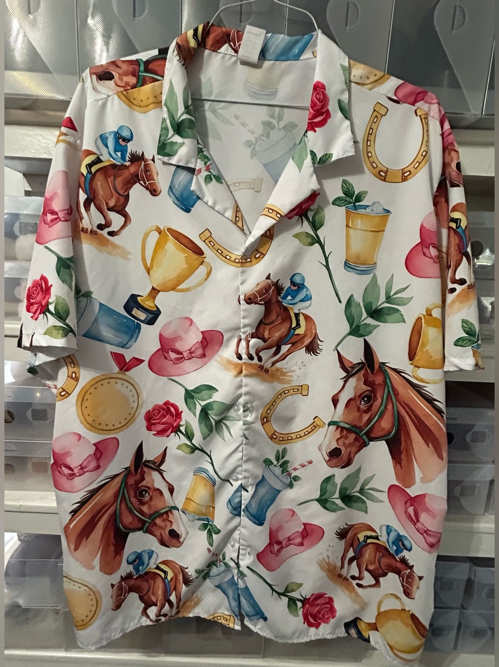 Men’s White Horse-Print Button Down Shirt with Pink & Gold Accents